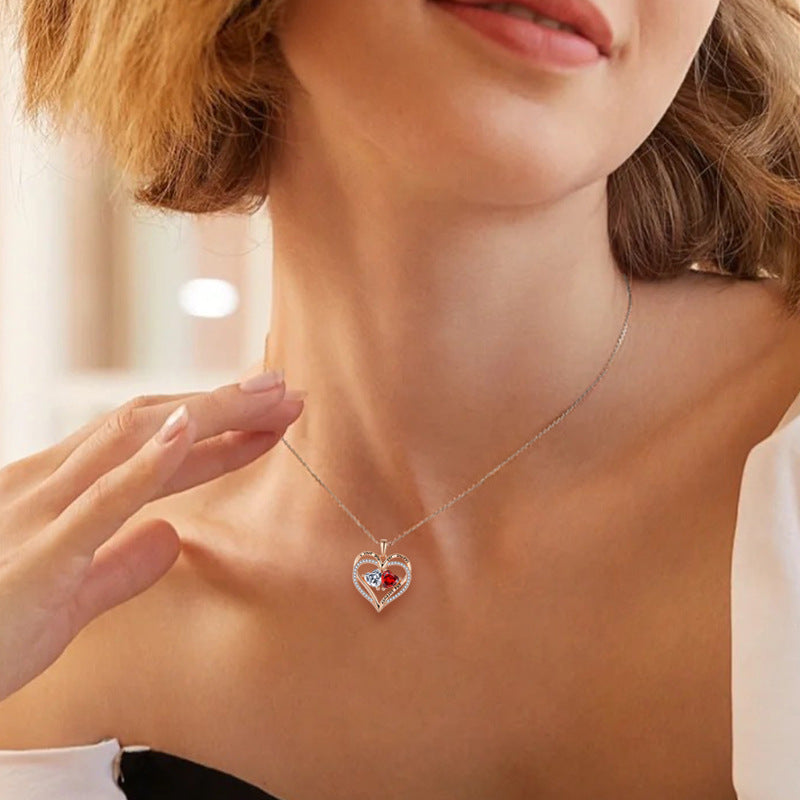 S925 Silver Double Love Necklace with Rhinestones – Elegant Heart Pendant! - Efrosiny